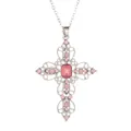 Silver cross necklace with hollow floral design and pink gemstones on white background - Pink
