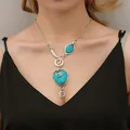 Bohemian ethnic necklace with turquoise stones and vintage silver metal pendants - Vintage Silver Spiral Exotic Style (古银1619)