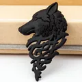 Men's vintage wolf head brooch pin with matte black finish and tribal hollow pattern - Matte Black