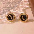 Französische Vintage Edelstahl-Ohrstecker mit schwarzem Emaille-Mond-Anhänger - Schwarz