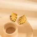 Golden ginkgo leaf stud earrings in titanium steel with fine textured radial veins - Textured Leaf Style (BJGE0831)