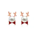 Boucles d'oreilles renne en or rose avec perle blanche et détail nœud en zircon rouge - Or rose