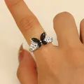 Silver-tone butterfly ring variant with black marquise stones and zircon accents - Black Marquise Gem Butterfly Style (WG0-1333) / White K/Silver