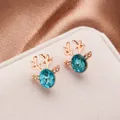 Rose gold elk stud earrings with blue oval crystal and small white diamonds - Rose Gold Water Blue