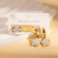 Three pairs of 18k gold plated stainless steel earrings with zircon and flower charms - Flower Rhinestone Earrings (BJGE1208)