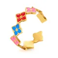 Detail of gold adjustable ring featuring colorful enamel flowers and a vintage finish - Four-petal Flower Style (BJGR0952) / Gold