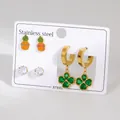 Stainless steel earring set with pineapple studs, zircon pins and clover heart charms - Orange Pineapple And Green Clover Theme Style (BJGE1553)