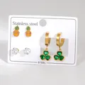 Detailed view of stainless steel earring set featuring clover drops and pineapple studs - Pineapple And Clover Green Crystal Theme Style (BJGE1557)