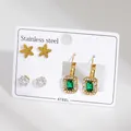 Three-pair stainless steel earring set with matte gold flowers and green gemstones - Gold Five-Petal Flower And Green Rectangular Stone Dangle Theme Style (BJGE1559)