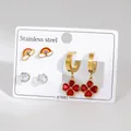 Three-pair stainless steel earring set featuring rainbow icons and heart crystal drops - Rainbow And Red Heart Clover Theme Style (BJGE1555)