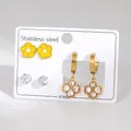 Three-piece stainless steel earring set with yellow floral, zircon, and clover charms - Yellow Small Flower And Clover Theme Style (BJGE1554)