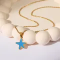 Golden stainless steel necklace featuring a vibrant blue starfish pendant with oil drip finish - Blue Starfish