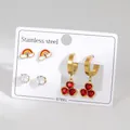 Three pairs of stainless steel earrings set featuring rainbow studs and red heart charms - Rainbow And Red Three-Heart Dangle Theme Style (BJGE1556)