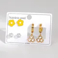 Three-pair stainless steel earring set with yellow enamel flower and zircon charms - Yellow Flower And Three-Heart Rhinestone Dangle Theme Style (BJGE1558)