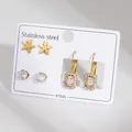 Three-piece stainless steel earring set with gold flower studs and zircon pendants - Modern Simple Flower And Rectangular Rhinestone Dangle Theme Style (BJGE1560)
