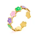 Adjustable gold stainless steel ring with colorful green, pink, and purple enamel flowers - Colorful Small Flower Style (BJGR0957) / Gold