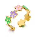 Anillo ajustable de acero dorado con flores de colores en rosa, violeta y verde - Estilo de Flor Tricolor (BJGR0951) / Dorado
