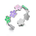 Anillo ajustable de acero inoxidable con motivo floral de esmalte rosa y verde - Estilo de Flor Tricolor (BJGR0951) / Color acero