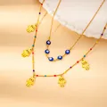 Double-layered gold-plated stainless steel necklace featuring evil eye and hamsa hand charms - Double Layer Hamsa Evil Eye Style (N0137)