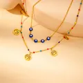 Double-layered golden necklace with blue evil eye beads and tree of life pendants - Double Layer Tree of Life Evil Eye Style (N0139)