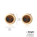 Detail view of gold round stud earrings with tortoise shell resin and size specs - Gold Tortoise Texture Style (NCE01567)