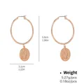 Detailed size view of rose gold hoop earrings with vintage coin relief portrait pendants - Vintage Rose Gold Coin Portrait Relief Style (NCE00717)