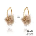 Winter faux mink fur ball hoop earrings with white crystals and gold plating measurement - Khaki Fur Ball Large Hoop (NCE01899-1)