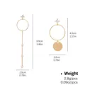 Detail view of asymmetric gold earrings with pearls, hoops, and size specifications - Pearl Tassel And Metal Disc Asymmetric Style (NCE00697)