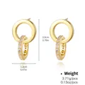Macro shot of gold double-hoop earrings with sparkling cubic zirconia and dimensions - Double Ring Zirconia Drop Style (NCE01611)