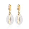 Bohemian gold shell drop earrings featuring white cowrie pendant with serrated metal detail - White Shell Style(NXE02628)
