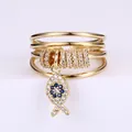 Chic multi-layer gold ring with blue devil eye fish pendant and sparkling white zircon stones - Fish Pendant Multi-layer Style (NCR00404) / Gold