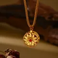 Collar colgante de loto dorado vintage con perla roja y cordón trenzado marrón - Estilo Rubí Loto En Relieve Redondo Retro Dorado (XL00337)