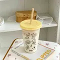 Clear plastic straw cup with yellow lid and cute black line art illustrations - Large Life Style / 300ml-500ml