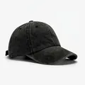 Close-up of vintage washed charcoal grey denim baseball cap with six-panel structure - Blank Style / Black