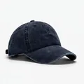 Vintage washed navy blue denim baseball cap with six-panel classic structure and curved brim - Blank Style / Navy Blue