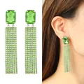 Long green fringe earrings with rectangular emerald stones and cascading tassels - Green Tassel Style (WQE04633)