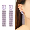 Elegant purple tassel earrings with long fringe and large crystal stones - Purple Tassel Style (WQE04633-1)