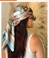 Elegant 90x90cm satin silk square scarf with vintage blue and brown floral print - 90*90cm / Blue Postcard
