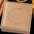 Gold plated stainless steel bracelet featuring a delicate crystal bow pendant - 【sle83】zircon Bow Bracelet Gold