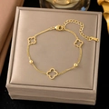 Golden titanium steel bracelet featuring hollow clover charms and round bead accents - 【sle2024】openwork Four-leaf Clover Bracelet Gold