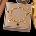 Double-layer gold titanium steel bracelet with black and gold clover charms on jewelry box - 【sle126】black Seashell Diamond Four-leaf Clover Bracelet (gold)