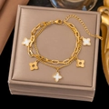 Double-layer gold titanium steel bracelet with white enamel flower charms and adjustable clasp - 【sle127】white Shell Diamond Four-leaf Clover Bracelet Gold