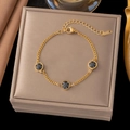 Elegant gold titanium steel bracelet featuring faceted black round crystals for women - 【sle2154】three Black Diamonds Bracelet Gold