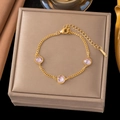 Elegant gold titanium steel bracelet featuring three round pink gemstones on a curb chain - 【sle2156】three Pink Diamonds Bracelet Gold