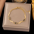 Elegant gold-plated stainless steel bracelet with black rectangular stones on silk - 【sle2071】three Black Square Diamond Bracelet Gold