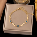 Golden titanium steel chain bracelet with rectangular blue gemstones and adjustable clasp - 【sle2072】three Dark Blue Square Diamond Bracelet Gold