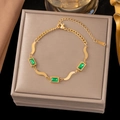 Polished gold titanium steel bracelet featuring rectangular emerald green zircon stones - 【sle2022】three Green Square Diamond Bracelet Gold