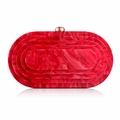 Detail view of red marble acrylic evening bag with gold circular clasp and tiered design - Red