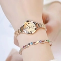 Rose gold quartz watch with Roman numerals and a colorful gemstone bracelet set - Rose Gold Magenta Dial