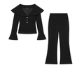 Women's chic black two-piece set featuring V-neck blazer with gold buttons and flared pants - XS / Set / Black